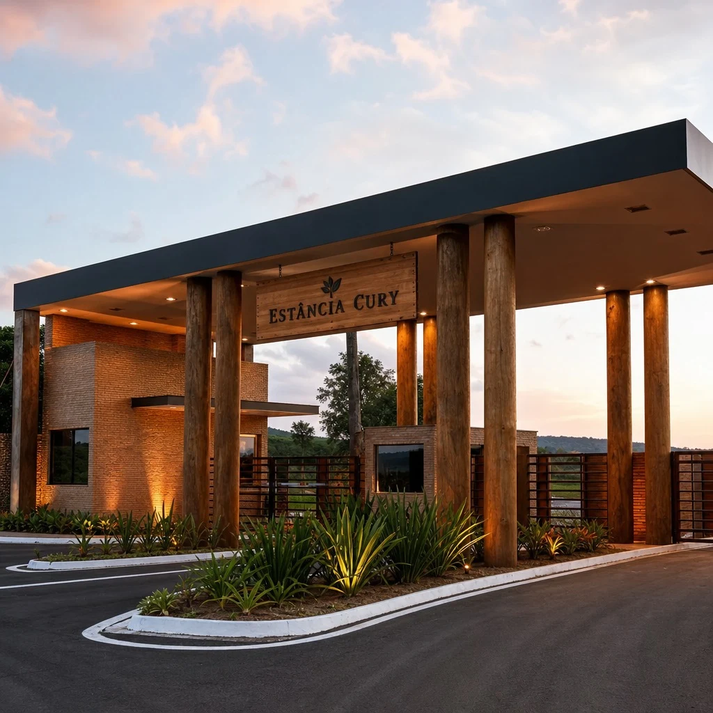 Portal de entrada da Estância Cury ao entardecer